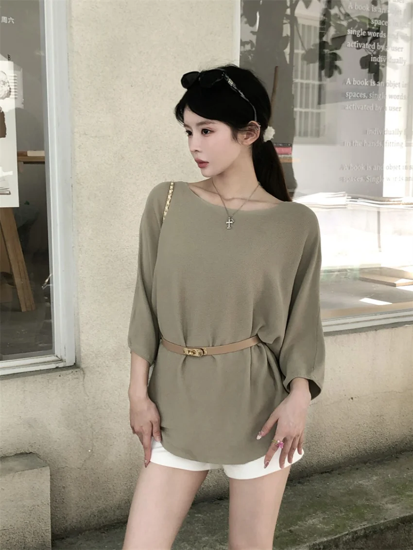 الغريبة كيتي 2025 سترة اليومية تي شيرت المرأة مع وشاحات لطيف جديد البلوفرات الصيف عادية محبوك كم كامل فضفاض تيز #6