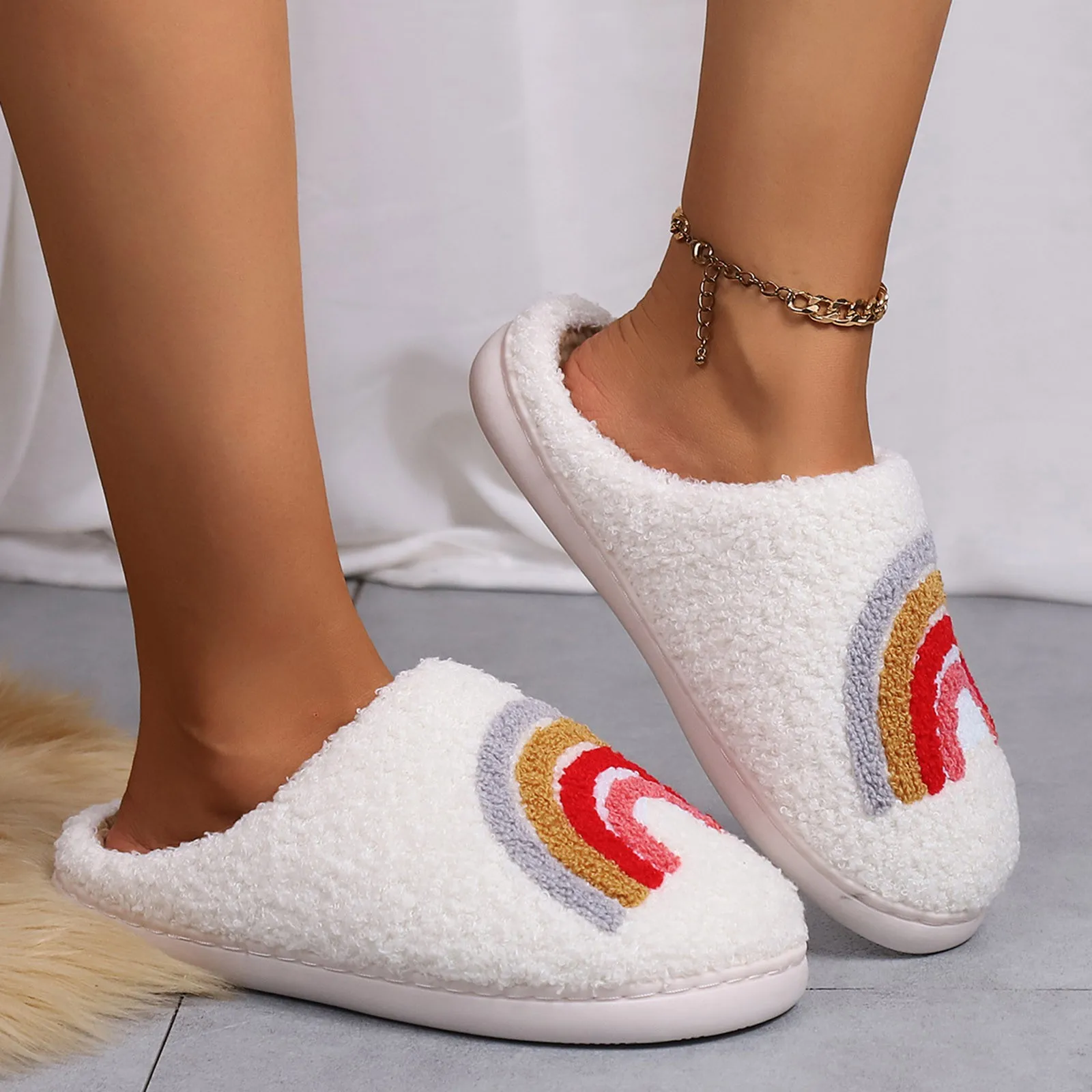 Womens Slippers Home Rainbow Winter Cotton Slippers Warm Slippers Thick Home Non Slip Thick Sole Furry Shoes Slippers Footwear