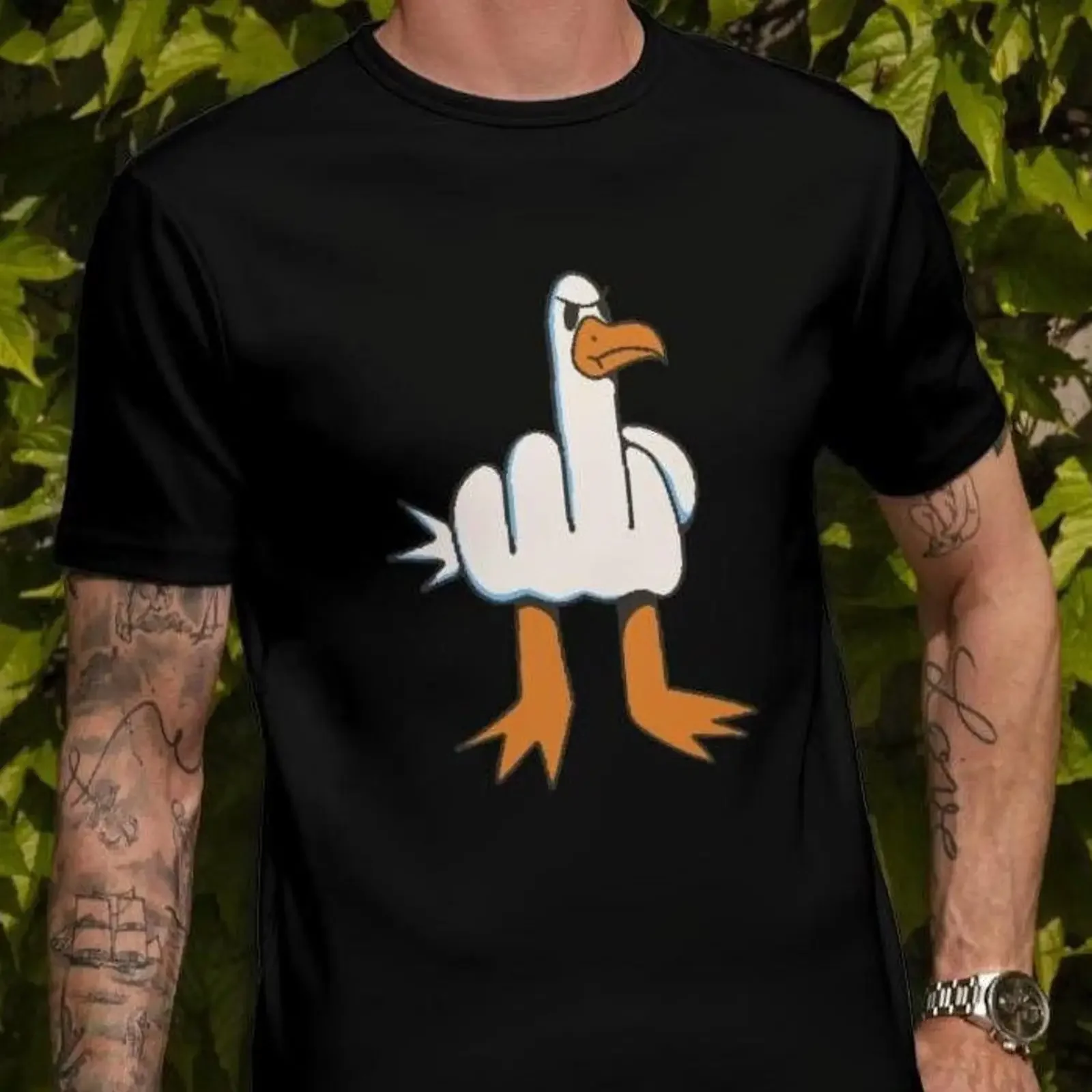Funny Middle Finger Seagull T Shirt Men's Cotton Casual Sarcastic Animal Print for Dad Shirtns Rebellious Humor Top vintage