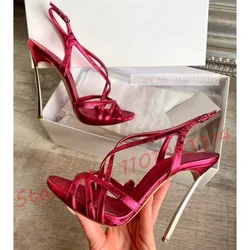 Sandali con tacco in metallo metallico rosso sandali da donna con cinturino incrociato Slingback scarpe di lusso estate femminile Sexy Plus Size banchetto scarpe con tacco alto