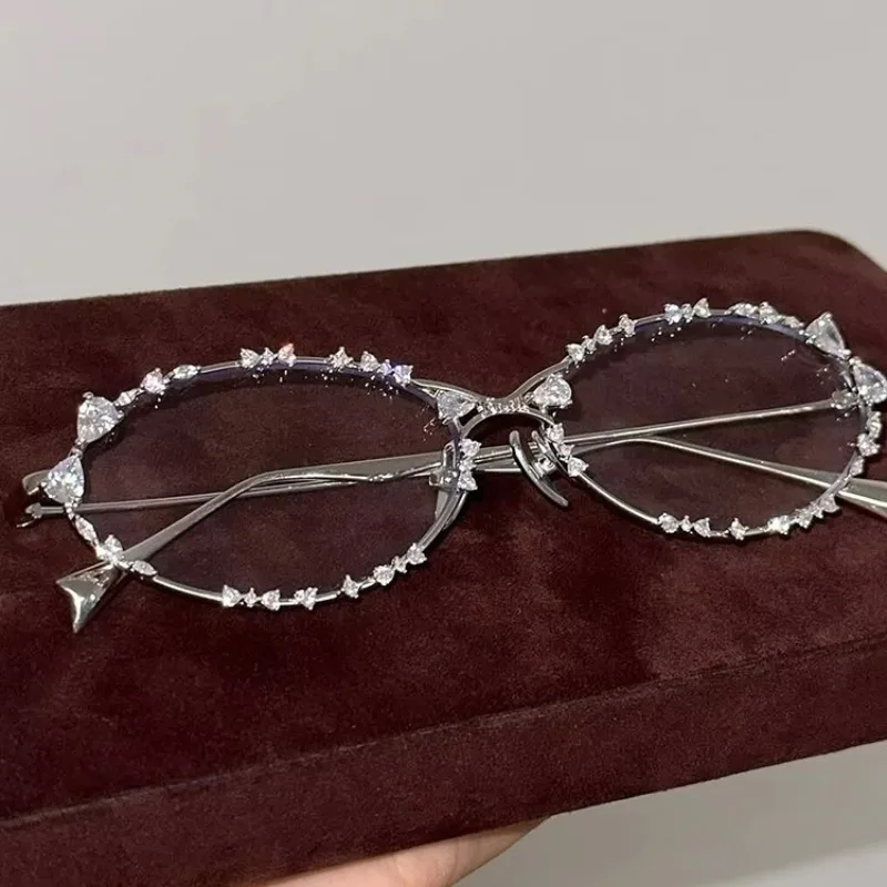 

Корейские очки со стразами и бантом для женщин и мужчин, блестящие бриллианты, овальная металлическая оправа, очки для девочек, овальная металлическая оправа, оптические очки