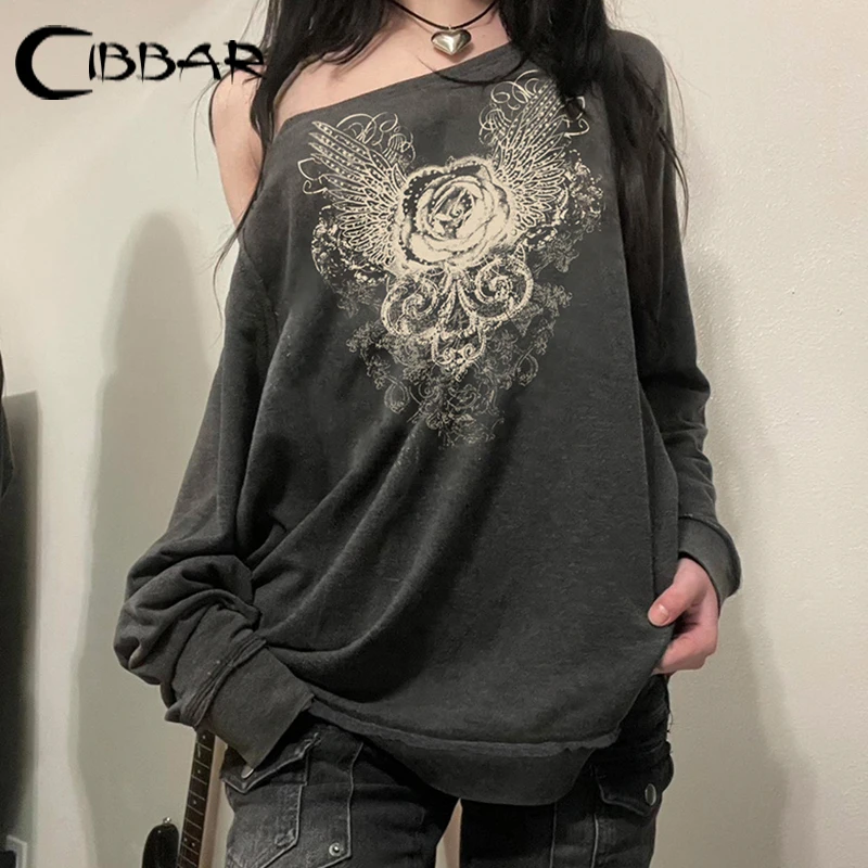 CIBBAR Gothic Graphic Hoodies Distressed y2k Floral Print Asymmetric Off-shoulder Long Sleeve Sweatshirt Harajuku Chic Pullovers