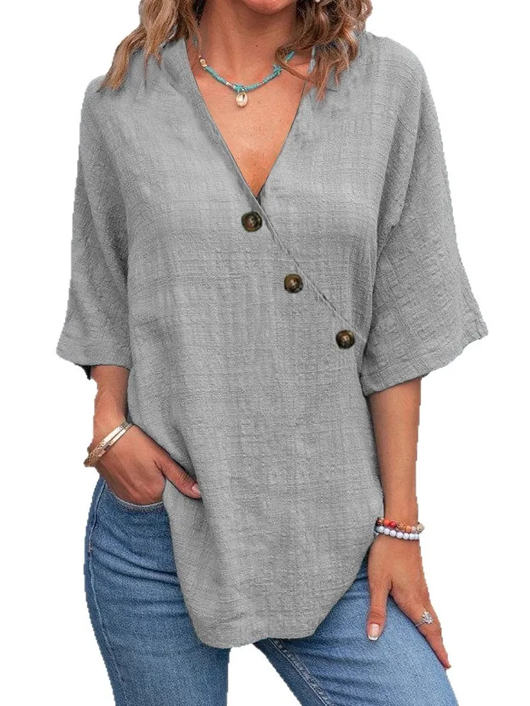 قميص نسائي جديد قميص فضفاض غير رسمي سادة موضة الصيف رقبة على شكل V أنيق بأكمام قصيرة قمصان للحفلات ملابس نسائية