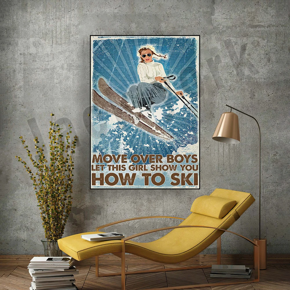 Move Over Boy دع هذا الفتاة يظهرك كيفية التزلج ملصقًا عموديًا، ملصقًا رياضيًا شتويًا، هدية لمحبي التزلج