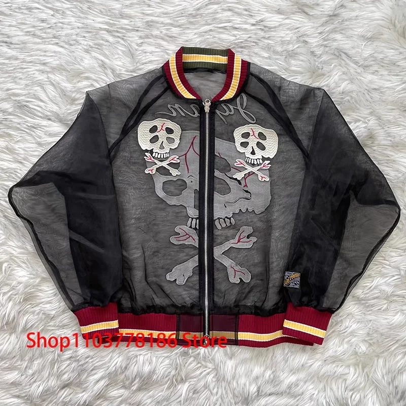 2024 Japan Fashion New KAPITAL Jacket Translucent Silk Skull Embroidery Sun Protection Zipper Coat Men Women Trendy Streetwear