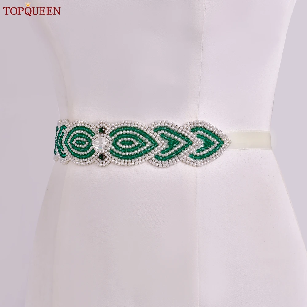 TOPQUEEN New Design Bridal Belt,White Beaded Decoration Green Crystal Wedding Sash,Festival Event Tone Dress Belt S265 view 5