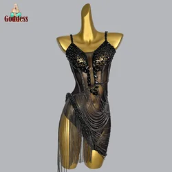 Sexy Dance Dress Shining Rhinestone Tassel Latin Dance Dress Elegant Strap Dress Club Party Birthday Evening Dress Stage Dress