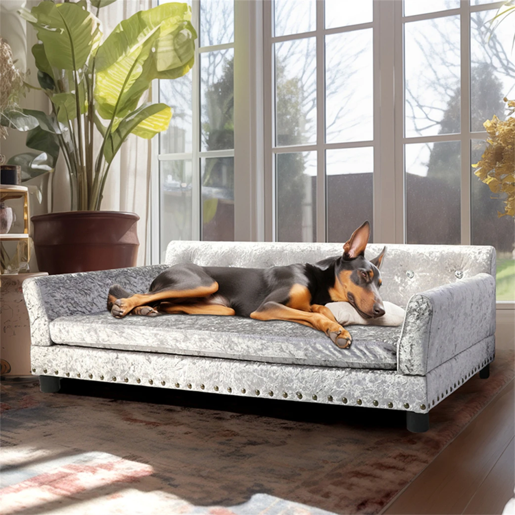 Luxury Velvet Tufted Dog Sofa Bed Large Elevated Pet Bed Upholstered Cushion Wooden Frame Raised Puppy Sofa Couch