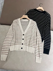 Cardigan in lino a righe con paillettes da donna autunno B * C giacca sottile lavorata a maglia tutto-fiammifero dimagrante allentata