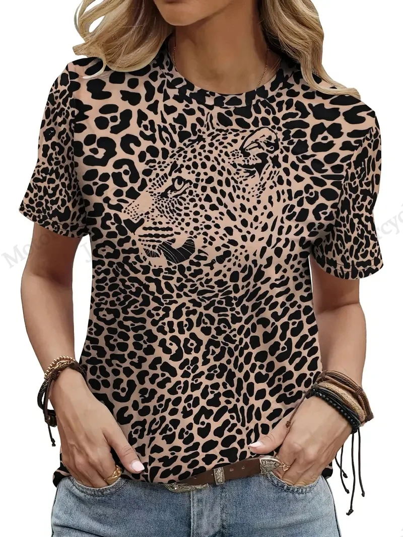 

Сексуальная леопардовая футболка с 3D принтом, женская модная повседневная футболка с круглым вырезом, большие футболки с короткими рукавами, топы с животными, футболка, женская одежда на каждый день