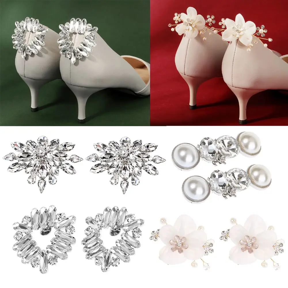 

2PCS Bride Wedding Shiny Decorative Clips Shoe Decorations Charm Buckle Silk Flower Rhinestone Shoe Clip