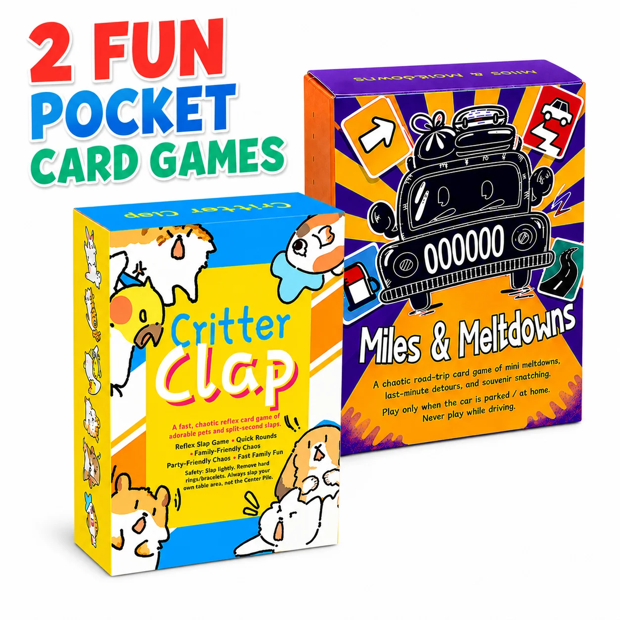 2 Pack Card Games Bundle, Pet Reflex Game and Road Trip Game, Ages 14+, 2-10 Players, 10-15 Min, Party Travel, 178 Cards