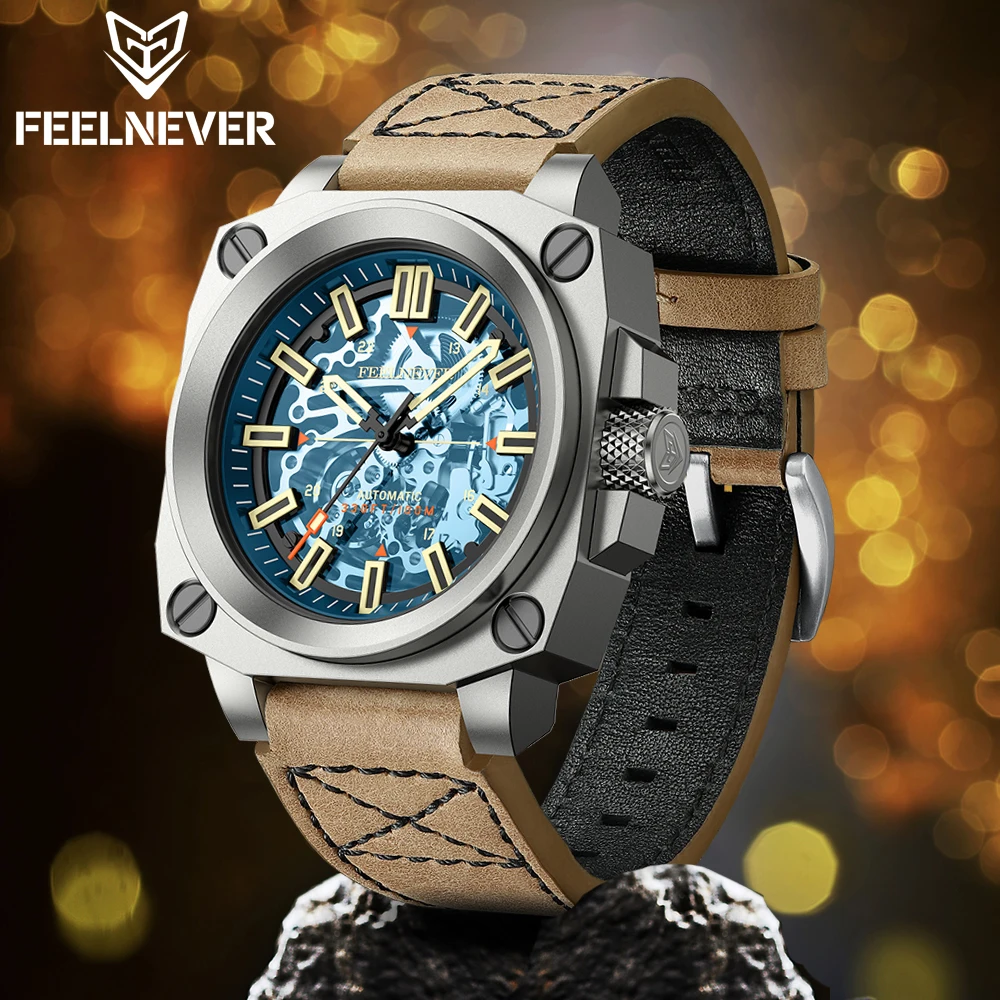 FeelNever Creative Skeleton Luxury Mechanical Watch Casual Sport Military Leather Strap Automatic Men\'s Watches Waterproof Clock