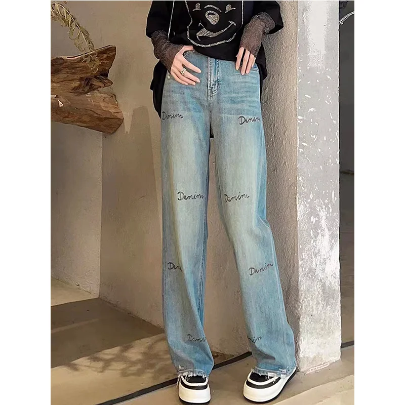 Straight jeans, narrow version, wide leg pants, high waisted letters, hot drilled holes, women's pants, long pants