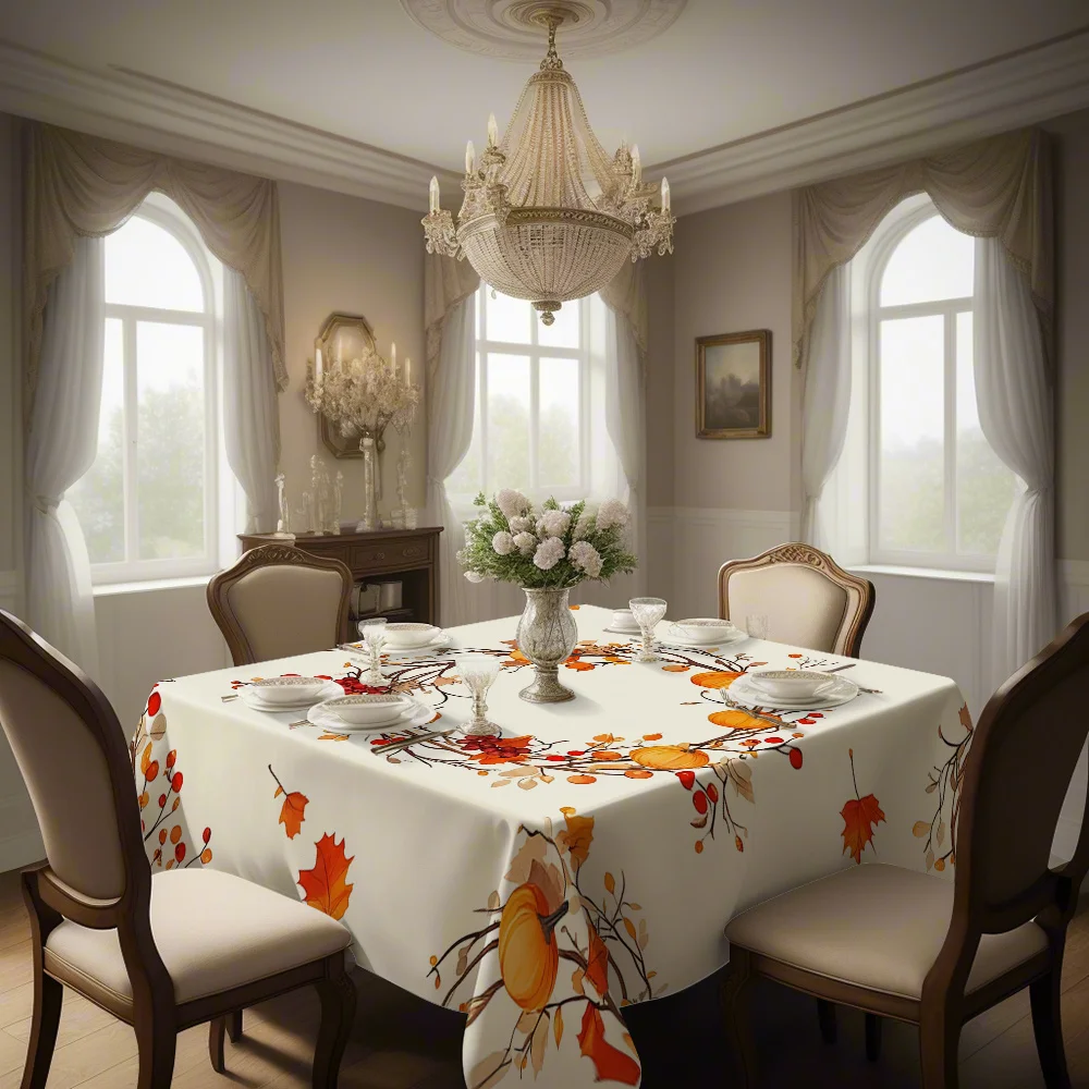 JIT 1PC printed tablecloth, square tablecloth, with pumpkin and autumn leaves patterns, presenting a refreshing autumn stylexzj