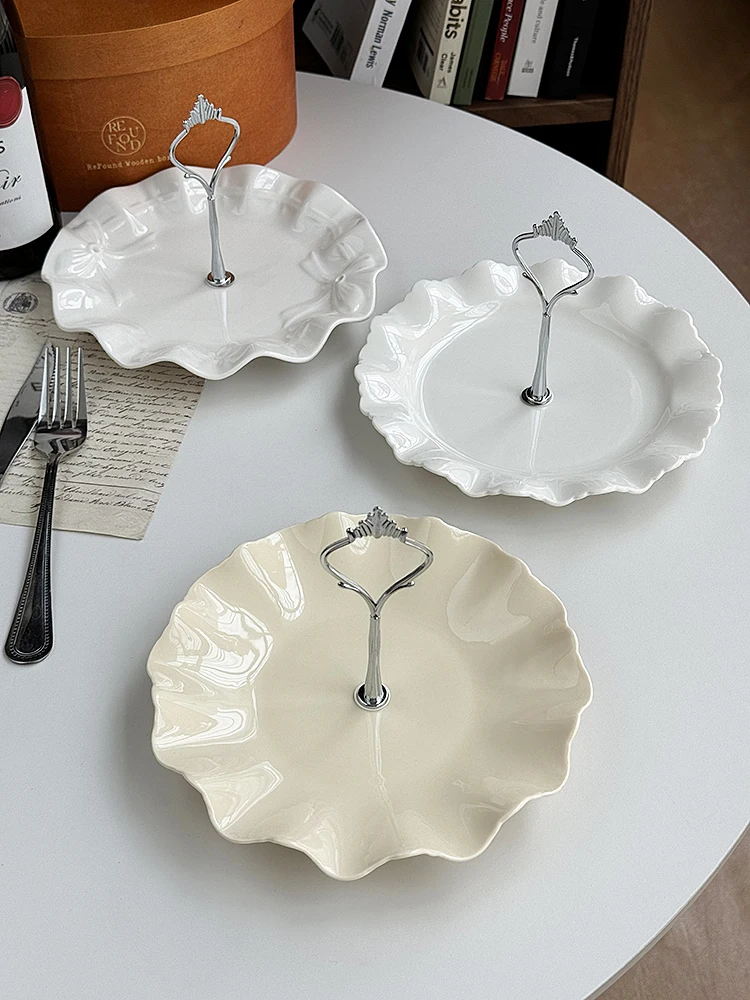 

French Style Dessert Tableware Creative Solid Color Large Capacity Lace Edge Fruit Plates Simple New Year's Snack Plate