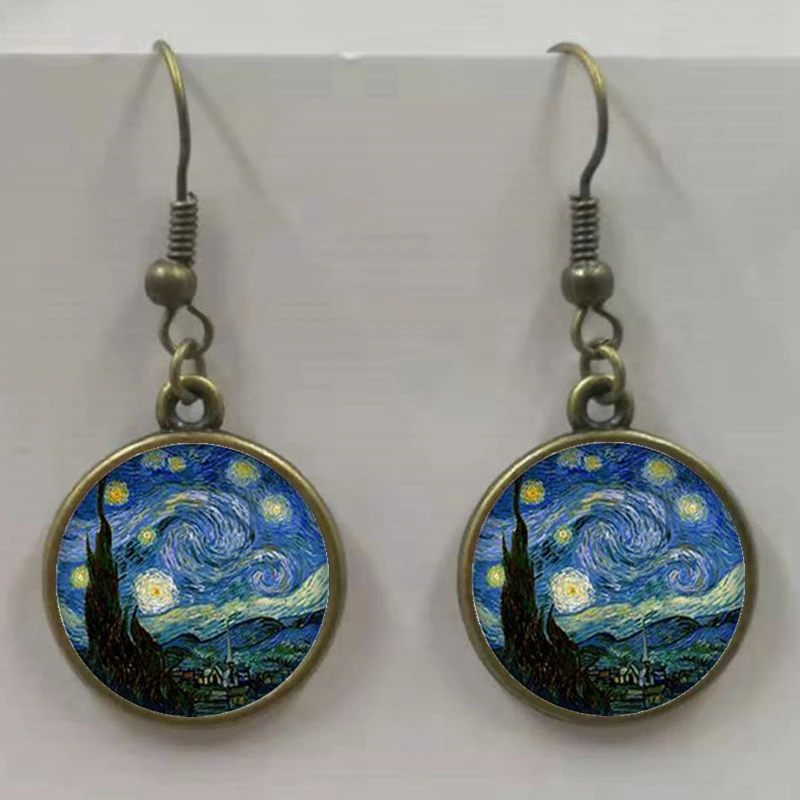 Van Gogh Painting Ear Studs Starry Night Ear Studs Van Gogh Sunflower Round Jewelry Glass Dome Earrings