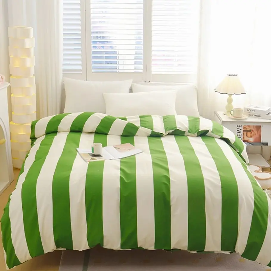 1pc Duvet Cover 100% Cotton Comforter Cover Green Stripes Style Bedding Quilt Cover Girls Room Blanket Covers (No Pillowcase)