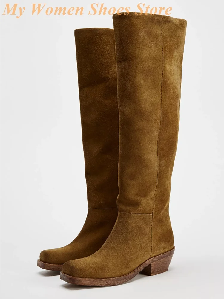 

Suede Knee High Boots Block Heel Slip On Square Toe Runway 2026 Winter Autumn Brown Dress Shoes Handmade Custom Made Shoes