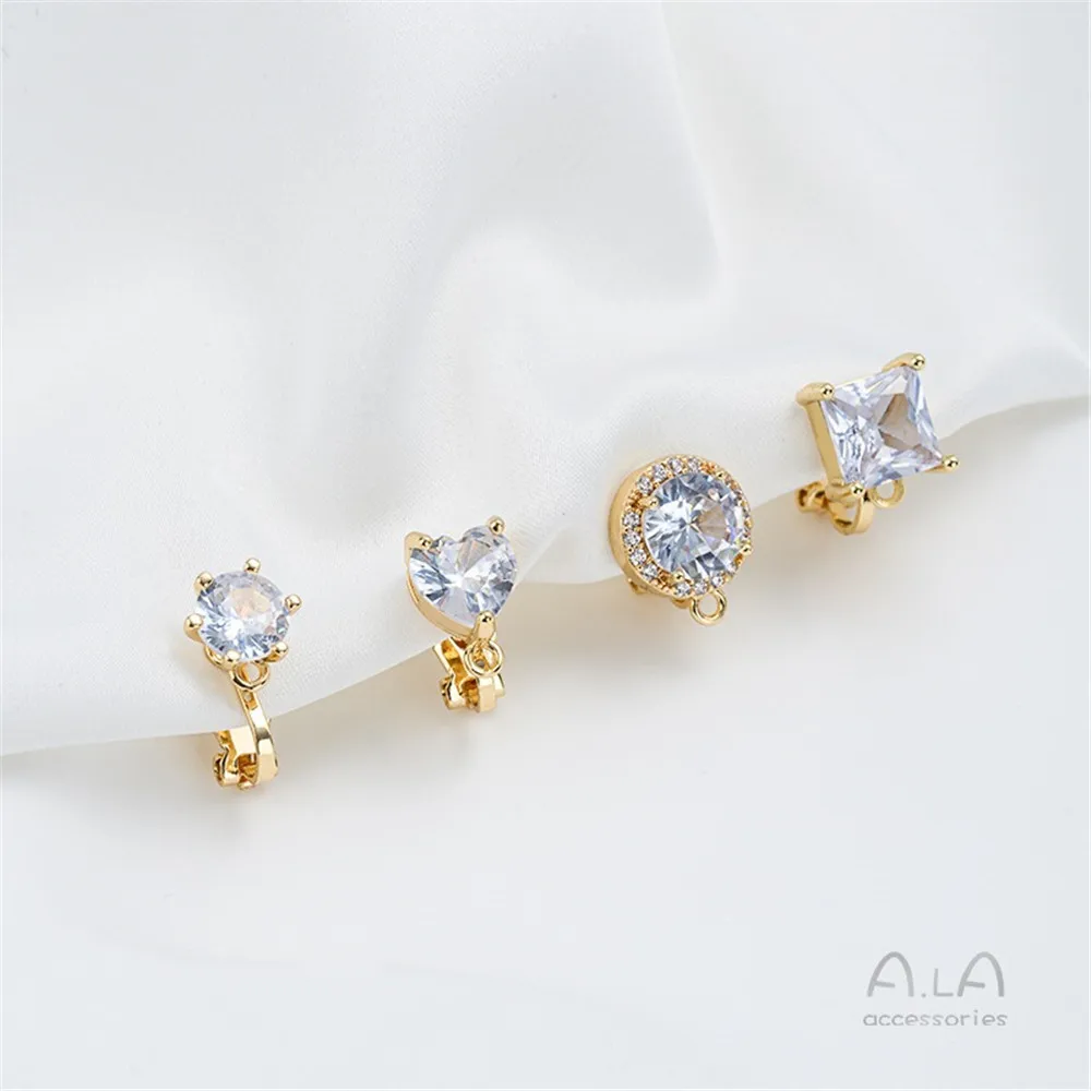 14K Gold-wrapped Geometric Peach Heart-shaped Zircon with Rings Earclips Handmade DIY Hanging Pendants Earbone Clips Accessories