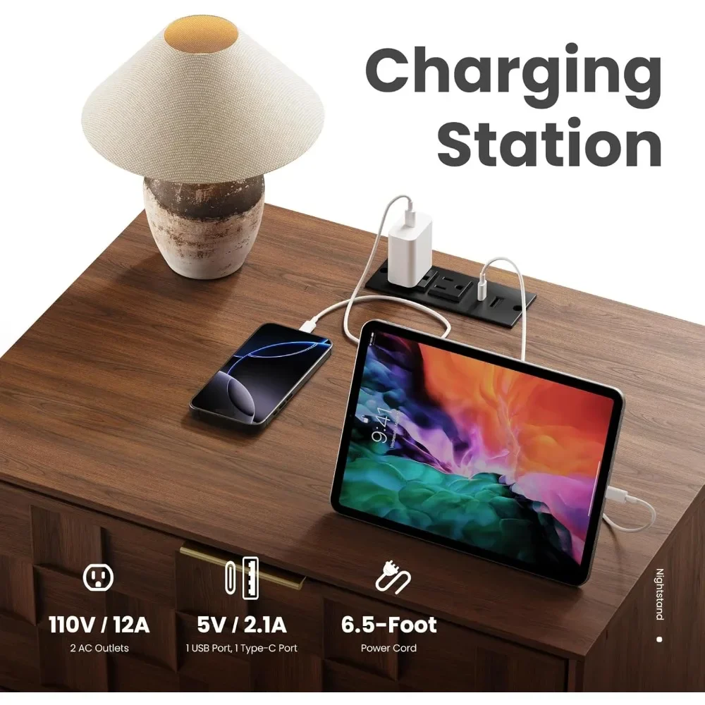 Mesa final, estação de carregamento de mesa de cabeceira, mesa lateral de cama moderna com 2 gavetas de armazenamento, alívio de tabuleiro de xadrez para quarto, dormitório pequenos espaços