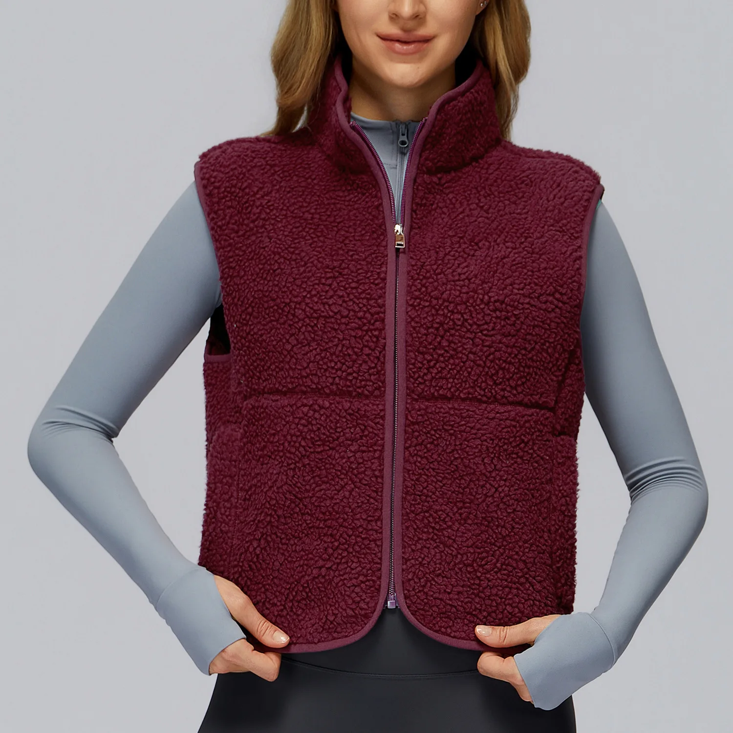 سترة رياضية من الصوف بياقة واقفة للخريف والشتاء، سترة خارجية بسحاب بدون أكمام، بلوزة للجري واللياقة البدنية في الهواء الطلق، 9500