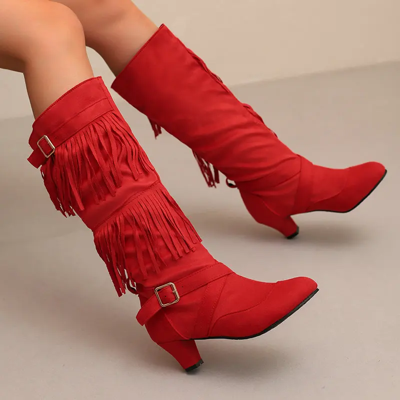 

Зимняя обувь из искусственной замши, красный, черный цвет, зимняя обувь на каблуке «котенок», ковбойские сапоги до середины икры в стиле вестерн с бахромой и кисточками, размер 45