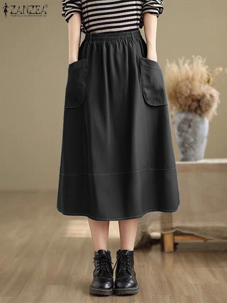 ZANZEA Women Summer Denim Skirts 2025 Vintage High Waist Pockets Solid Color Long Skirts Fashion Casual Loose A-Line Bottoms