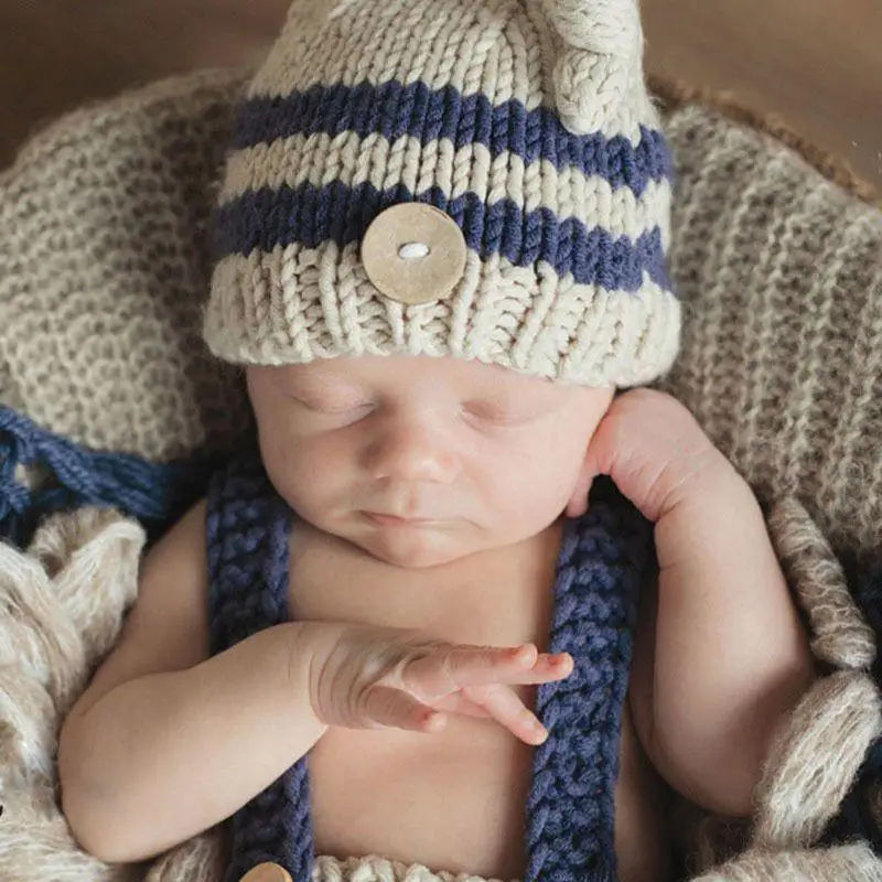 U6XE Baby Striped Knitted Hat and Jumpsuit Newborn Baby Boys Crochet Knit Costume Photography Prop Outfits Photo