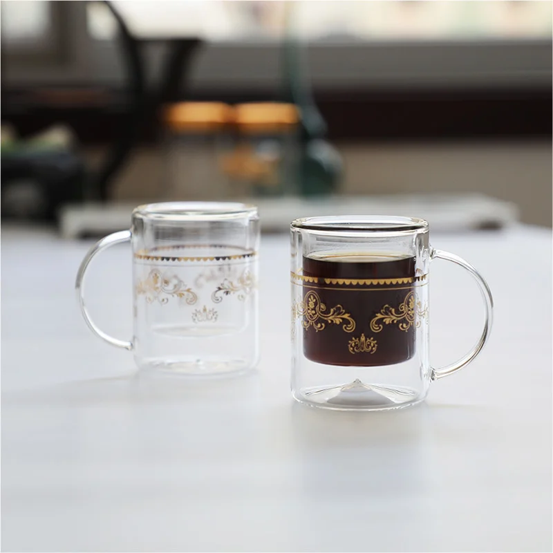 Middle East Style Dubai Prince Small Coffee Cups Royal Nobility Gold Pattern Teacup ESPRESSO SHOT Glass Bilayer Black Tea Mug