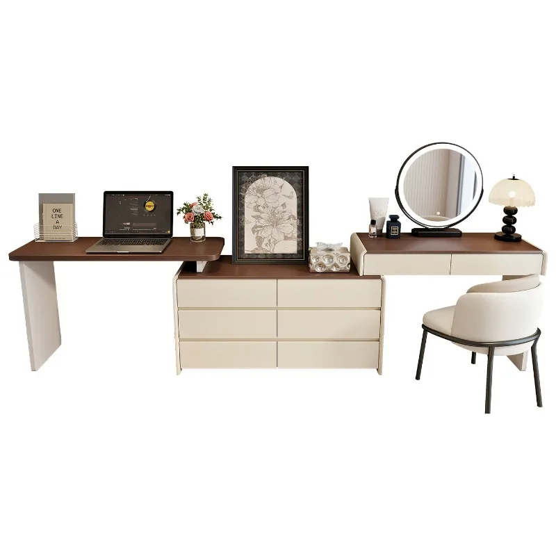 Leichte, luxuriöse Kommode aus massivem Holz im cremefarbenen Stil, neues Schlafzimmer, einfacher moderner Schminktisch, Kommode, Schreibtischtruhe integriert