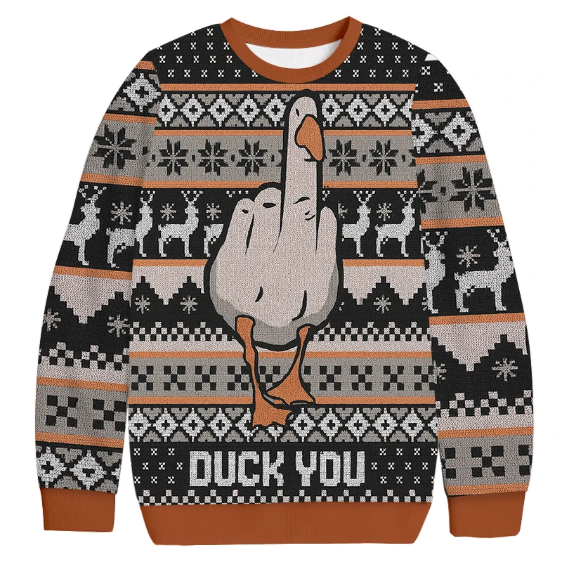 Fun Pun on Duck You, Duck Ugly Shirt, Thin Velvet Retro Fair Island Jacquard Men's and Women's Family Suit,loose Pullover Hoodie
