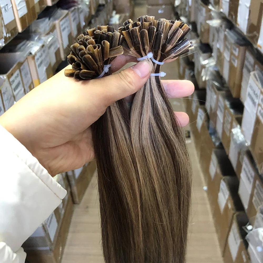 Highlights Brown Keratin Tip U Tip Hair Extensions Human Hair Straight Hot Fusion Human Hair Keratin Nail Tips Hair Extensions