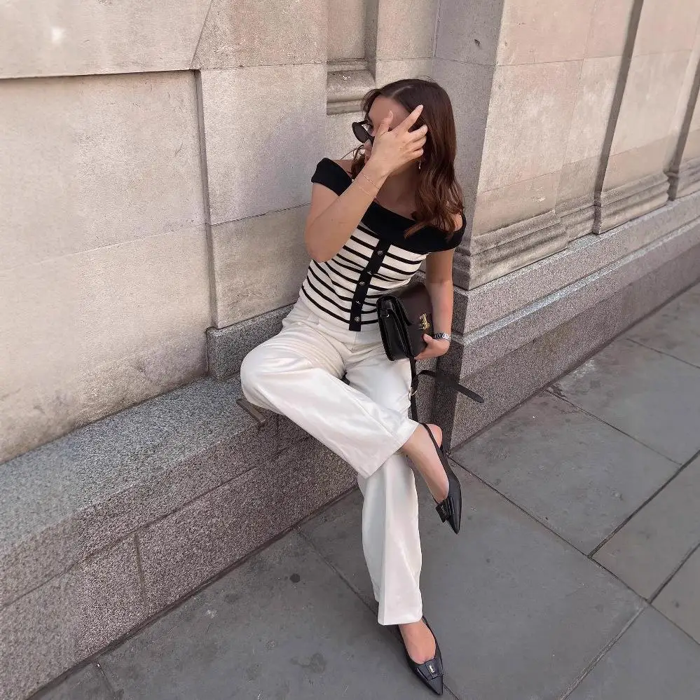 Весенне-летний женский трикотажный длинный све с опуклой костью на одно плечо, полосатый трикотаж, модный трансграничный трикотаж