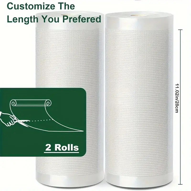 Dois rolos de sacos seladores a vácuo para conservadores de alimentos sem BPA, perfeitos para armazenamento a vácuo de itens de cozinha domésticos
