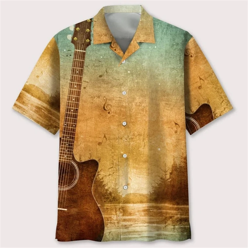 Men's Designer Hawaii Shirts Short Sleeve y2k Tops Fashion Streetwear Print Guitar Music Hiphop Casual Vintage Female Clothing