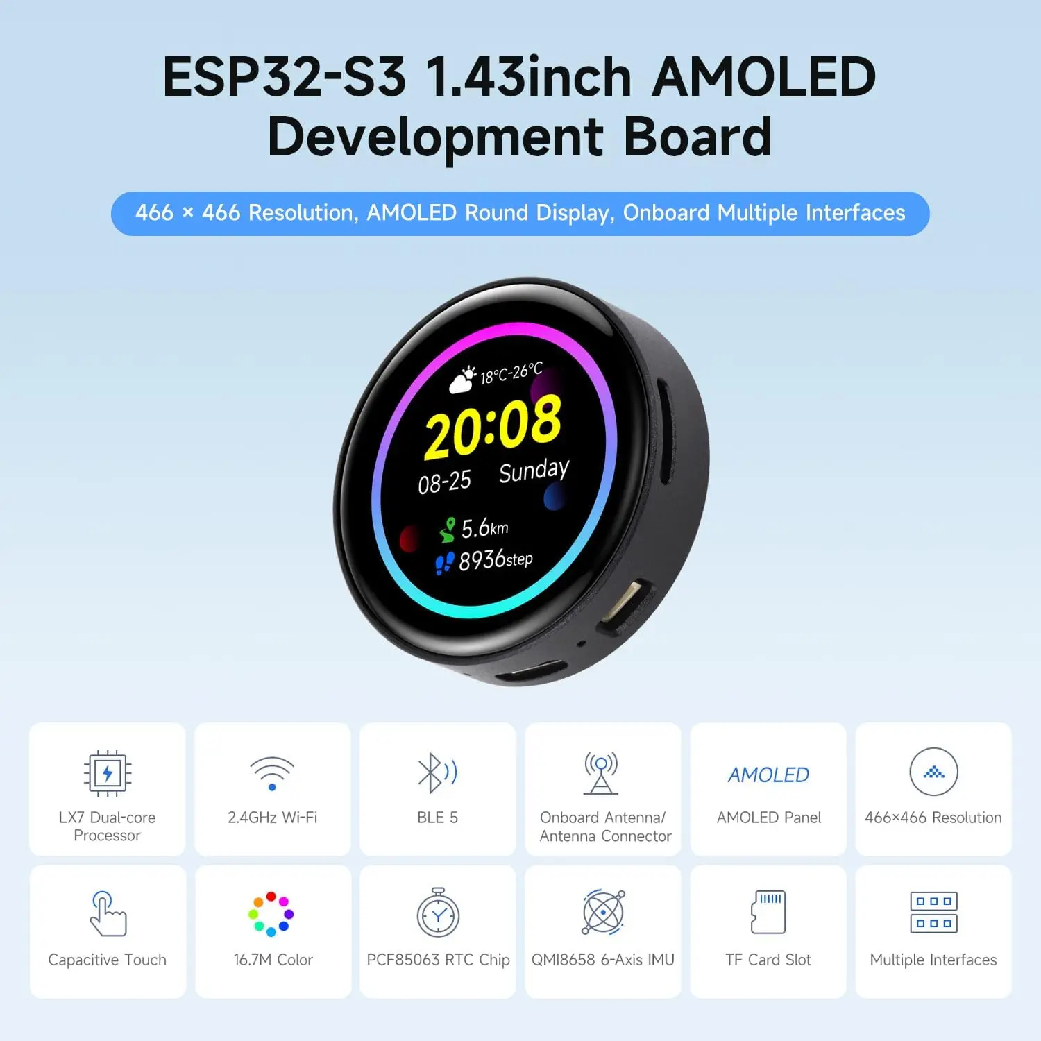 ESP32-S3 1.43 polegadas AMOLED Touchscreen Placa de Desenvolvimento 466x466 Display Redondo ESP32 Display HMI LVGL GUI Desenvolvimento
