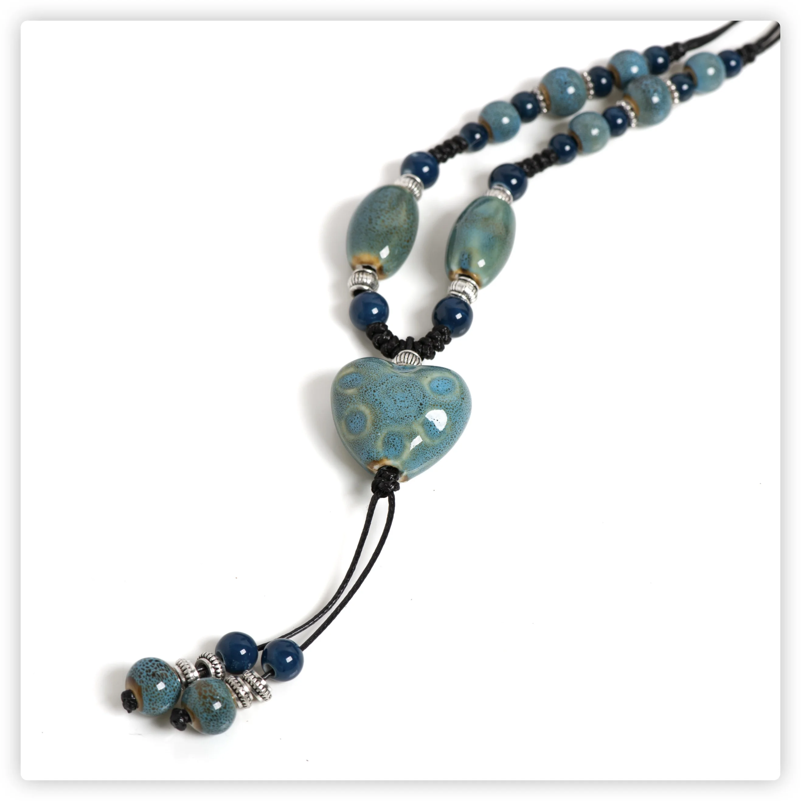Blue Heart Ceramic Necklace Handmade Pendant Boho Adjustable Long Necklace for Women 111