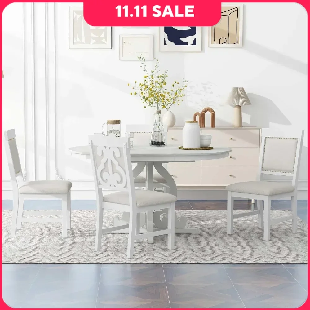 

5 Piece Dining Table Set, Extendable Tables with A 16-inch Leaf and 4 Upholstered Chairs, Retro Functional Dining Set