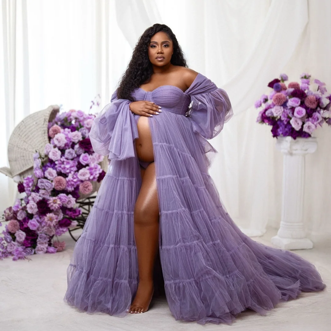 

Lavander Prom Dresses Plus Size Slit Maternity Photoshoot Dress Long Sleeves Tulle Baby Shower Gown Photography Props Customized