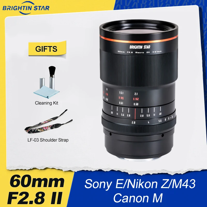 Полнокадровый макрообъектив Brightin Star 60 мм F2.8 II 2:1 с увеличением для Sony E nikon Z Canon R RF EOS M M43 Fuji X A7C XT5 ZFC Z8