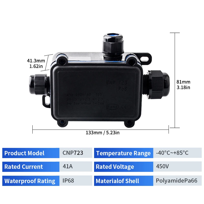 JINH CNP723 Outdoor IP68 Waterproof Junction Box Flame Retardant 3-channel Cable Connector With Terminal Block for LED Lights