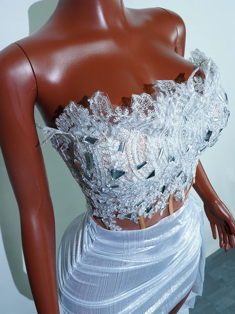 Sexy White Mirrors Top Skirts Set Dress Music Festival Party Birthday Nightclub Singer Dancer Stage Wear Drag Queen Prom Outfit