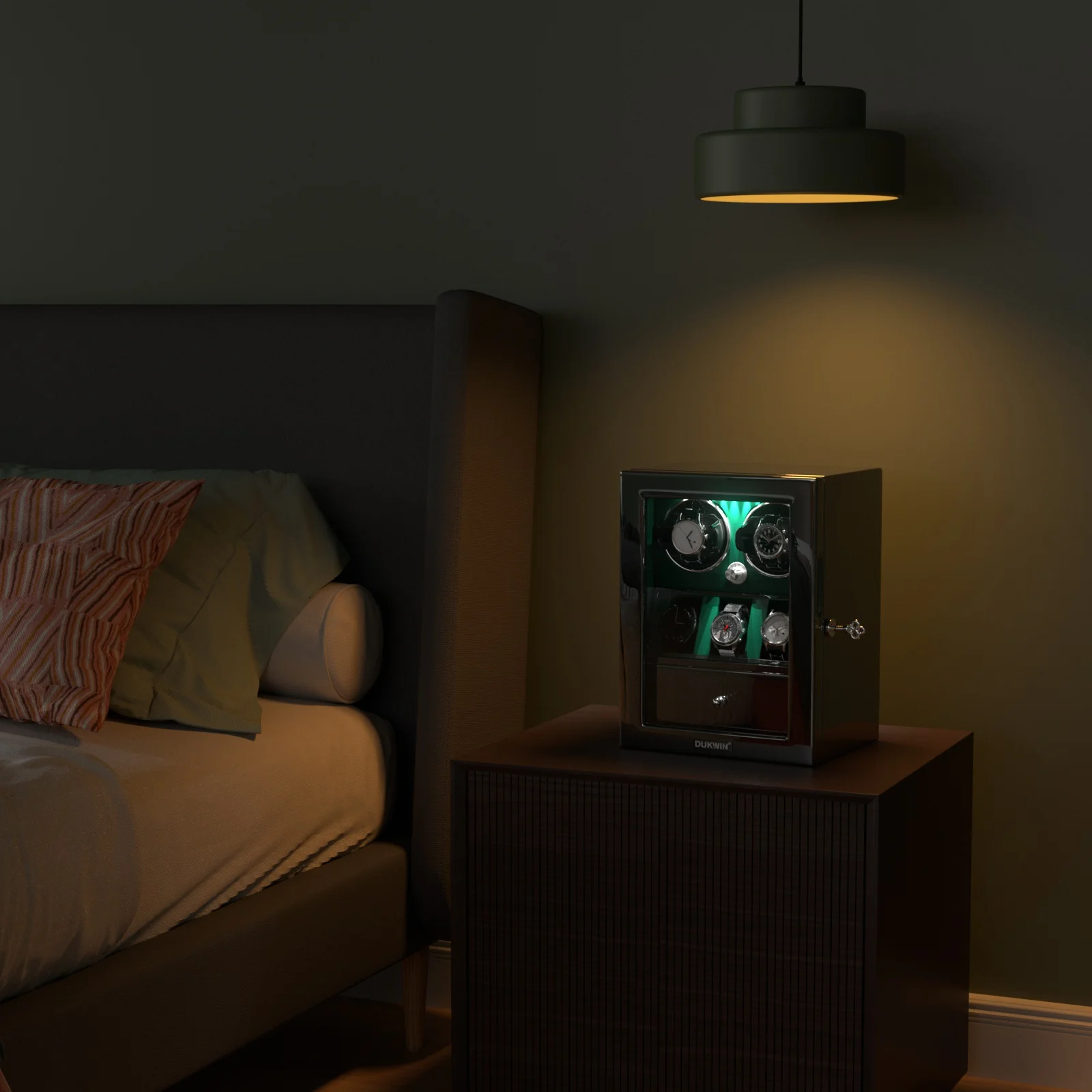 2 jam tangan kotak Winder jam tangan otomatis kotak aman dengan 3 tempat penyimpanan kabinet berdirian-Hijau