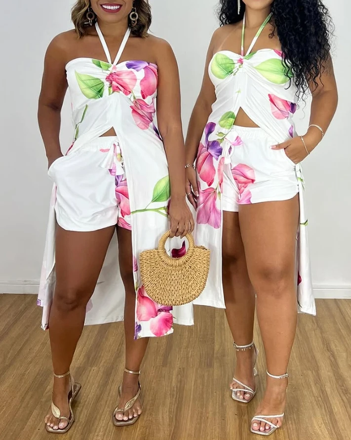 

2-Piece Printed Camisole Top and Casual Pocket Design Shorts Set for Women's Summer Vacation Style Hanging Neck Two-Piece Set