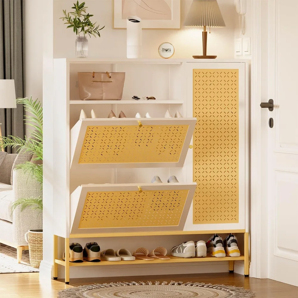 

Shoe Storage Cabinet with 2 Flip Drawers - Hidden Shoe Organizer for Entryway, Metal Narrow Shoe Rack with Door & Open Storage,