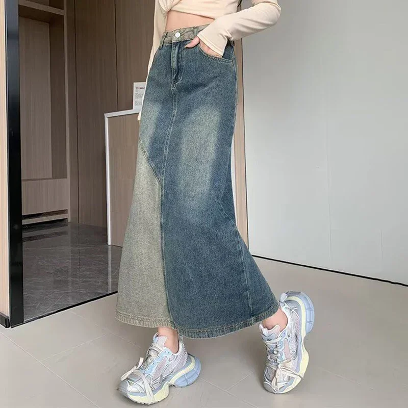 

Summer Lady Vintage Casual Jeans Skirt Girls High Waisted Thin Mid-Long Dress Women Classic Fashion Denim Skirt