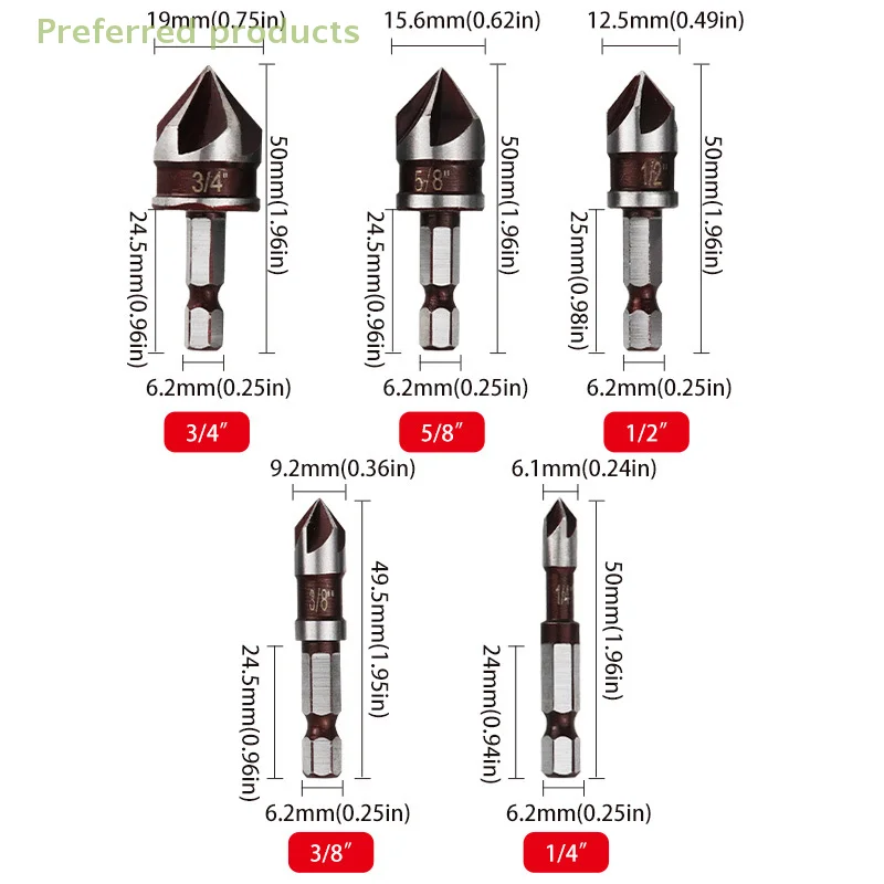 

Набор сверл с зенковкой, 5 шт., от 1/4 до 5/8 дюйма, шестигранный хвостовик для дерева, металла, пластика, фрезы для снятия фасок