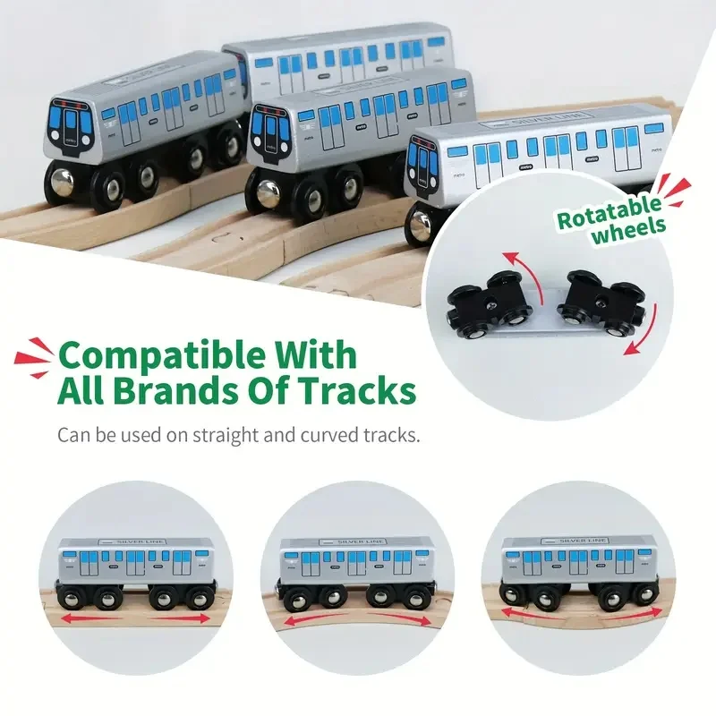 Wooden Toy Trains With Extended Silvery Body And 8-Wheel Design, Compatible With Major Wooden Train Track Brands