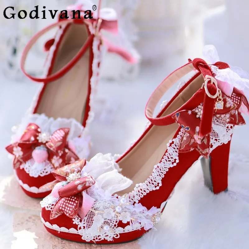 

Japanese Original Strawberry Lolita High Heels Round Head Velvet Thick Heel Versatile Elegant Sweet Women's Tea Party Lo Shoes